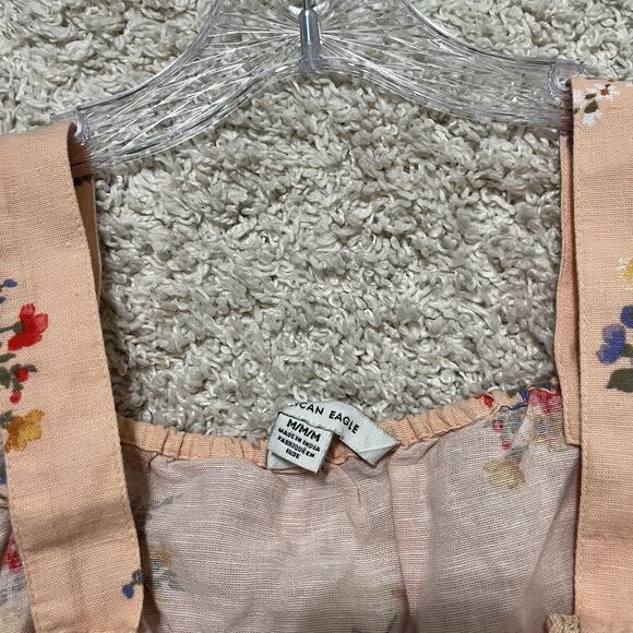 American Eagle Medium Peach Floral Lace Crochet Trim Linen Peplum Tank Top - Picture 4 of 6